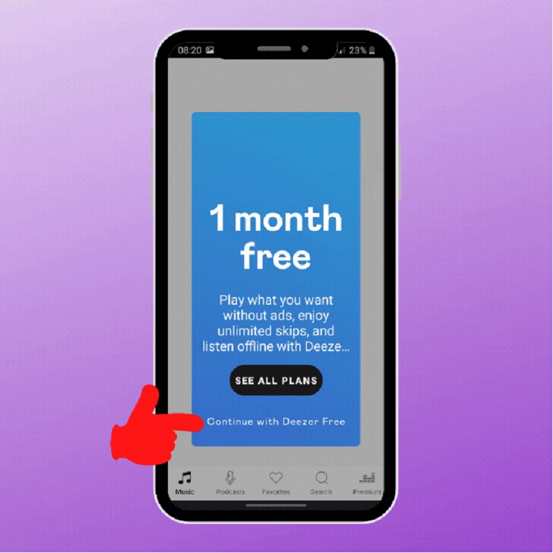 nhấn nút continue with deezer free